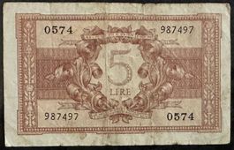 Italienische 5 Lire Banknote, 1943, Selten! Top Zustand!