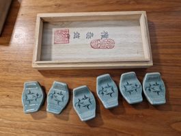 6x Japanische Ablagen mit Box, grün gemustert, Vintage