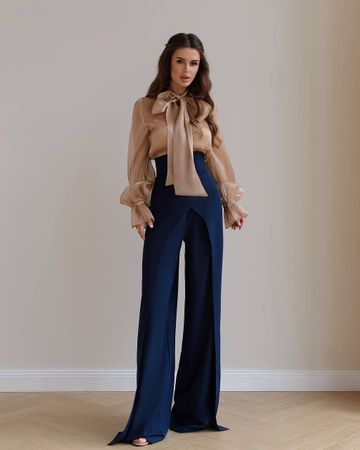 Blue High Waisted Palazzo Trousers with wide Belt size. S