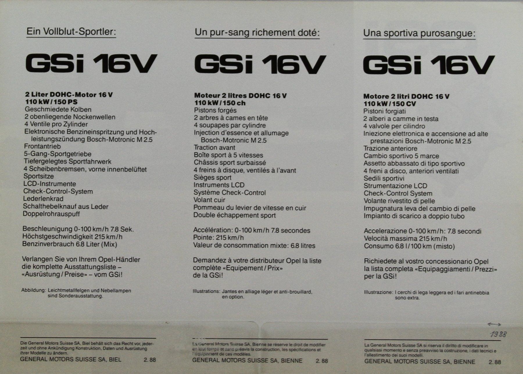 Opel Documenti: ORIGINAL FLYER | OPEL KADETT - E - GSi 1V | AB 02.1988 – Usato da Unterägeri venduto da GIGOLOLIT 1