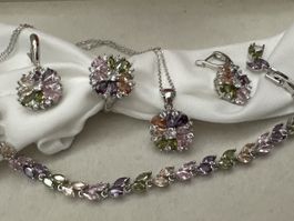 Ensemble bijoux s925 multi-pierres fleurs