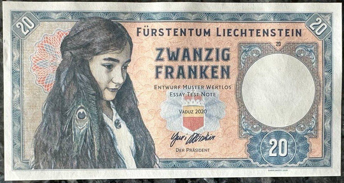 Banconote: Liechtenstein 20 Franken Note, Essay Note, Vaduz 2020 – Nuovo (secondo la descrizione) da Beringen venduto da Mantafisch1