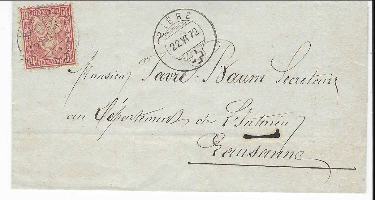 Tutti i francobolli: Faltbrief - Biere - Lausanne - 1872 – Usato da Lungern venduto da Strubel-Peter