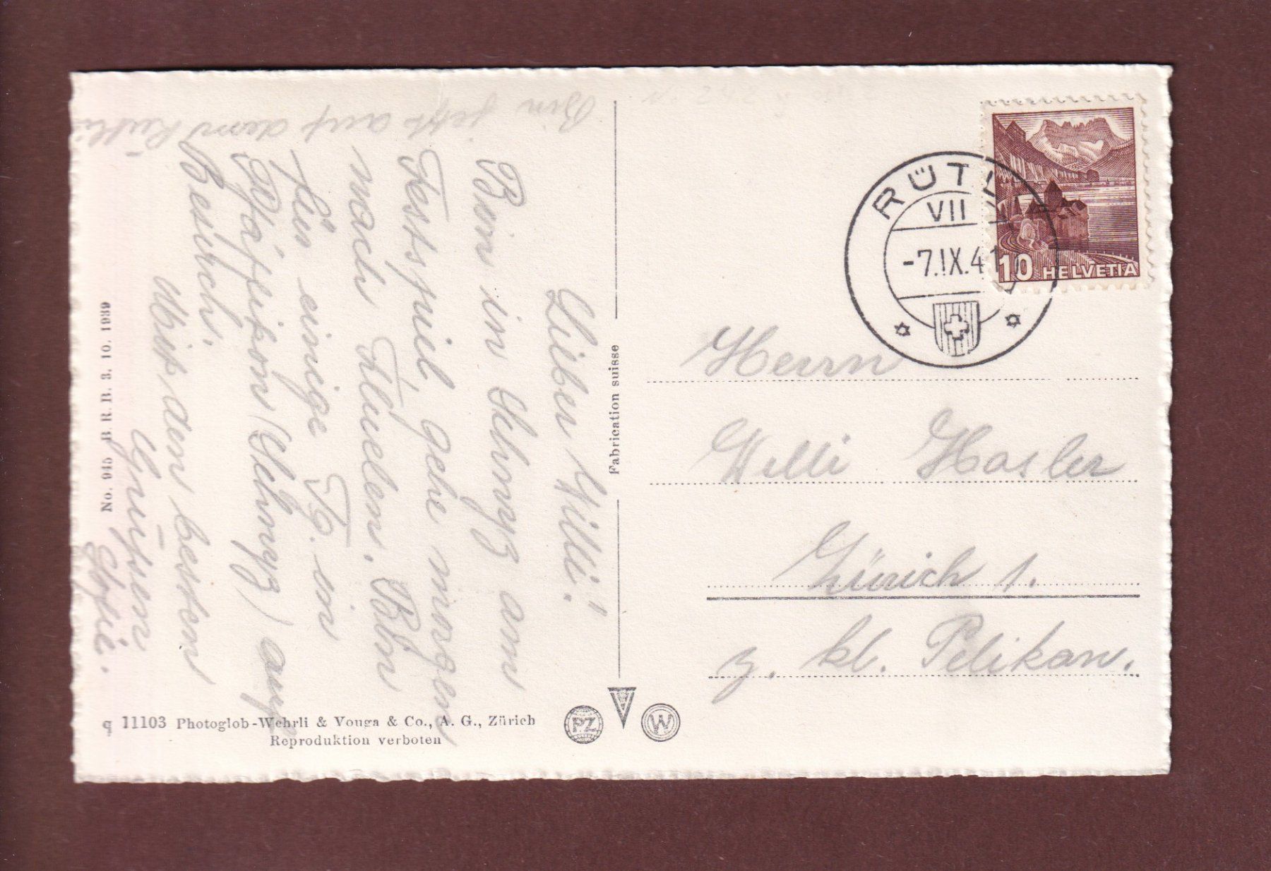 Cartoline postali: RÜTLIWIESE - Mythen - 1941 – Usato da Pully venduto da nicecards 1