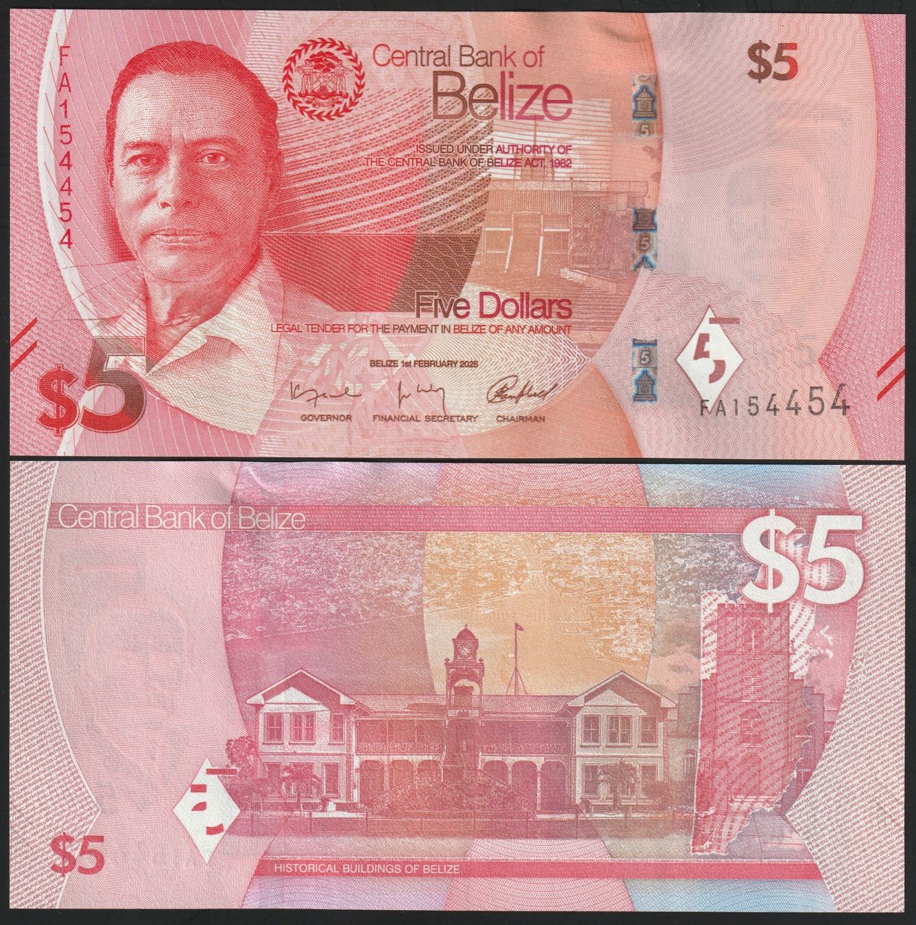 Banknoten: Belize 5 Dollars UNC 2025 – Neu und originalverpackt aus Naters von Radman