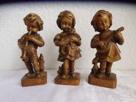 Skulptur Musik 3 Kinder Figuren aus Holz Handgeschnitzt