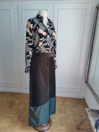 Green Corduroy Maxi Skirt with Technical Hem