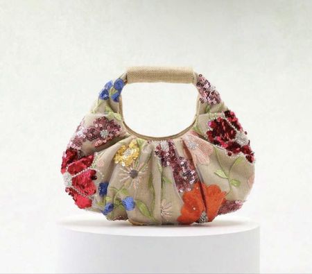 Sac à main fantaisie fleurs paillettes beige neuf