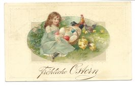 Fröhliche Ostern - Mädchen - Hühner und Küken Präge-Litho