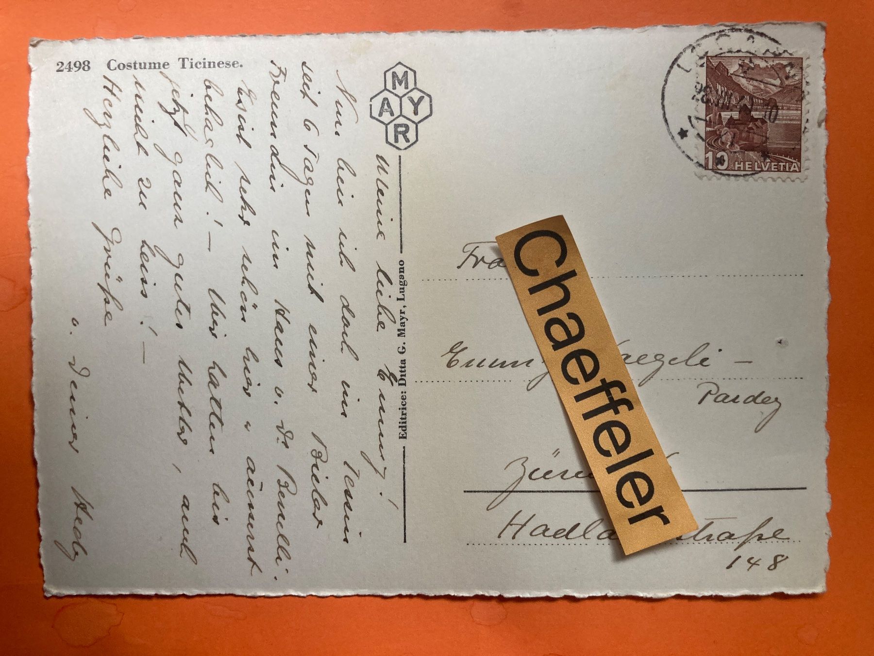 Ansichtskarten: 1940. 2498 Costume Ticinese. – Defekt aus Zürich von Chaeffeler 2