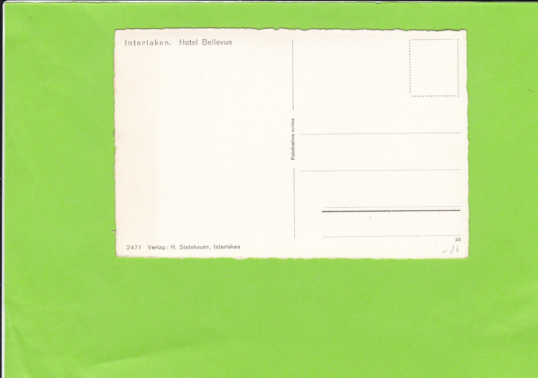 Cartoline postali: Interlaken--Hotel Bellevue – Usato da St. Peterzell venduto da neckertal 1
