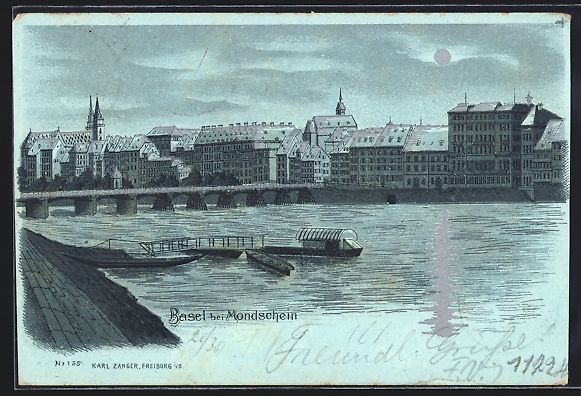 Cartoline postali: Mondschein-Lithographie Basel, Flusspart – Usato da Berlin venduto da bartko-reher