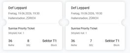 Def Leppard Zürih 19.06.2026 Stehplatz Kat. 1 Sektor T1 49 Z