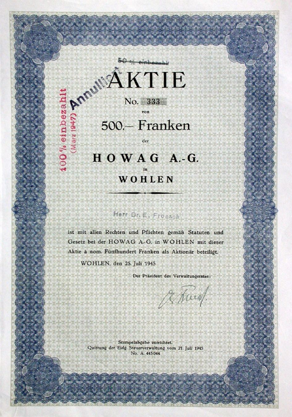 Documenti: Howag AG Wohlen, Wohlen - 1945 – Usato da Solothurn venduto da Sgasche