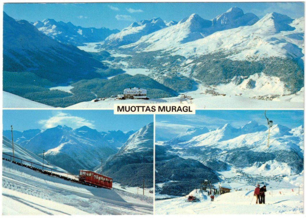 Cartoline postali: St. Moritz - 3 Bild AK Muottas Muragl – Usato da Binningen venduto da Mountainrider