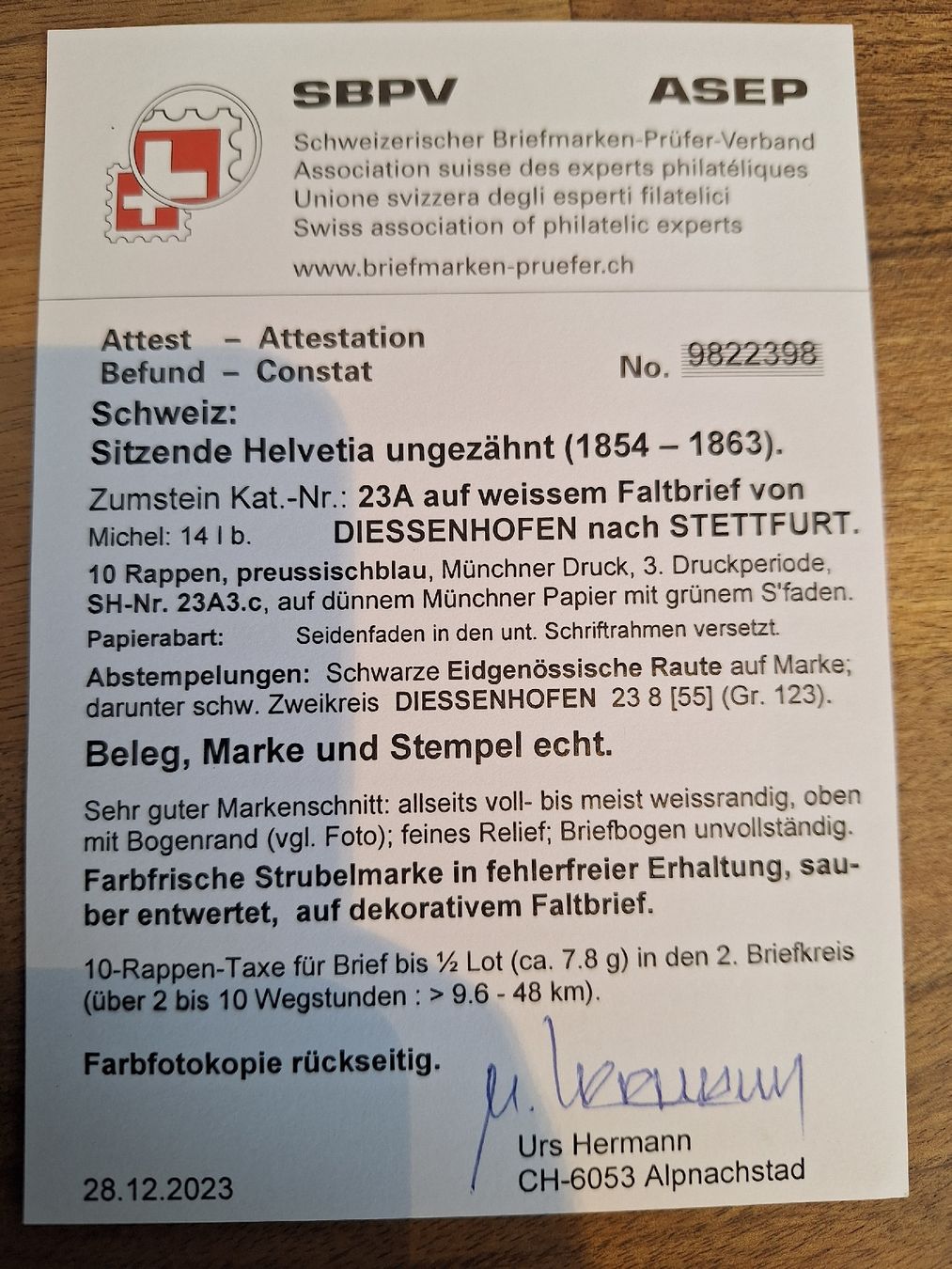 Tutti i francobolli: Strubel 23A3c mit Attest Briefstück – Usato da Balgach venduto da SIMEON27 4