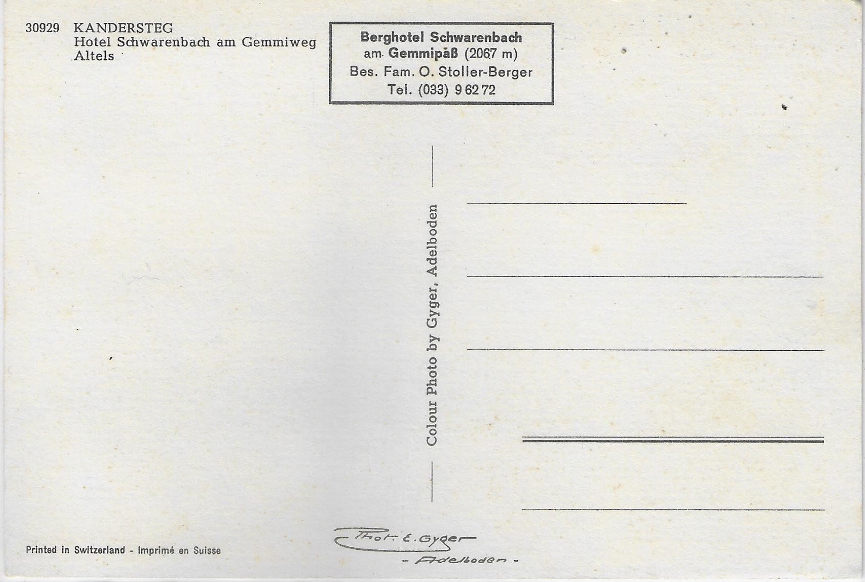 Cartoline postali: Kandersteg - Hotel Schwarenbach am Gemmiweg Altels – Usato da Ettingen venduto da Kartenplanet 1