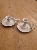 Vintage Kerzenständer aus Emaille, weiss mit blaue Rand