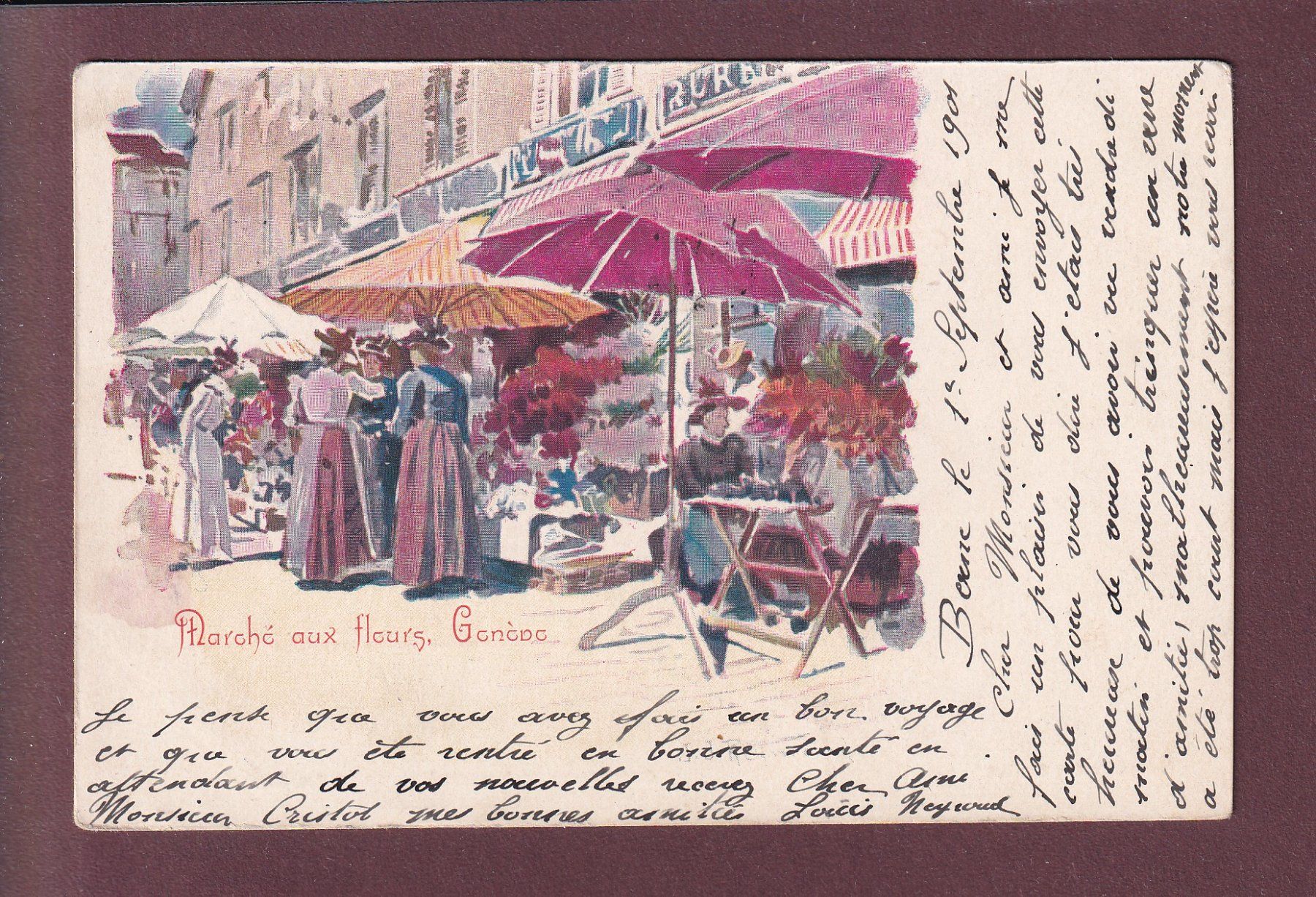 Cartoline postali: GENEVE - Marché aux fleurs - 1901 Vouga – Usato da Pully venduto da nicecards