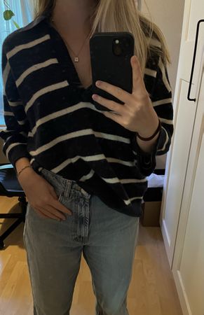 Pullover gestreift mit Kragen dunkelblau weiss M