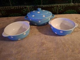3 herzige kleine Auflaufform blau & weissen Punkten,Keramik