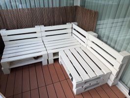 Sitzgruppe Europaletten weiss Ecksofa Lounge Set Balkon Gart
