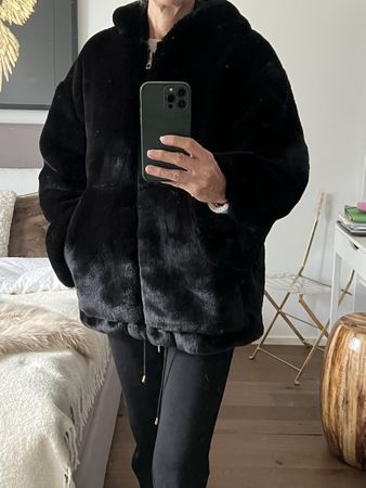 NOT SHY Black Hooded Faux Fur Coat- black