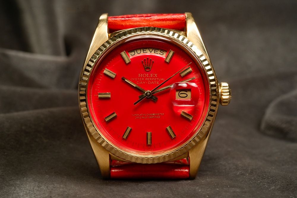 Rolex Orologi: Rolex 1803 Day-Date 1974 Original 18Kt. Gold Red Dial Watch – Usato da Morcote venduto da chronoservice 1