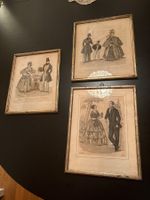 3 antike Bidetneier Stiche handkoloriert Silber Rahmen