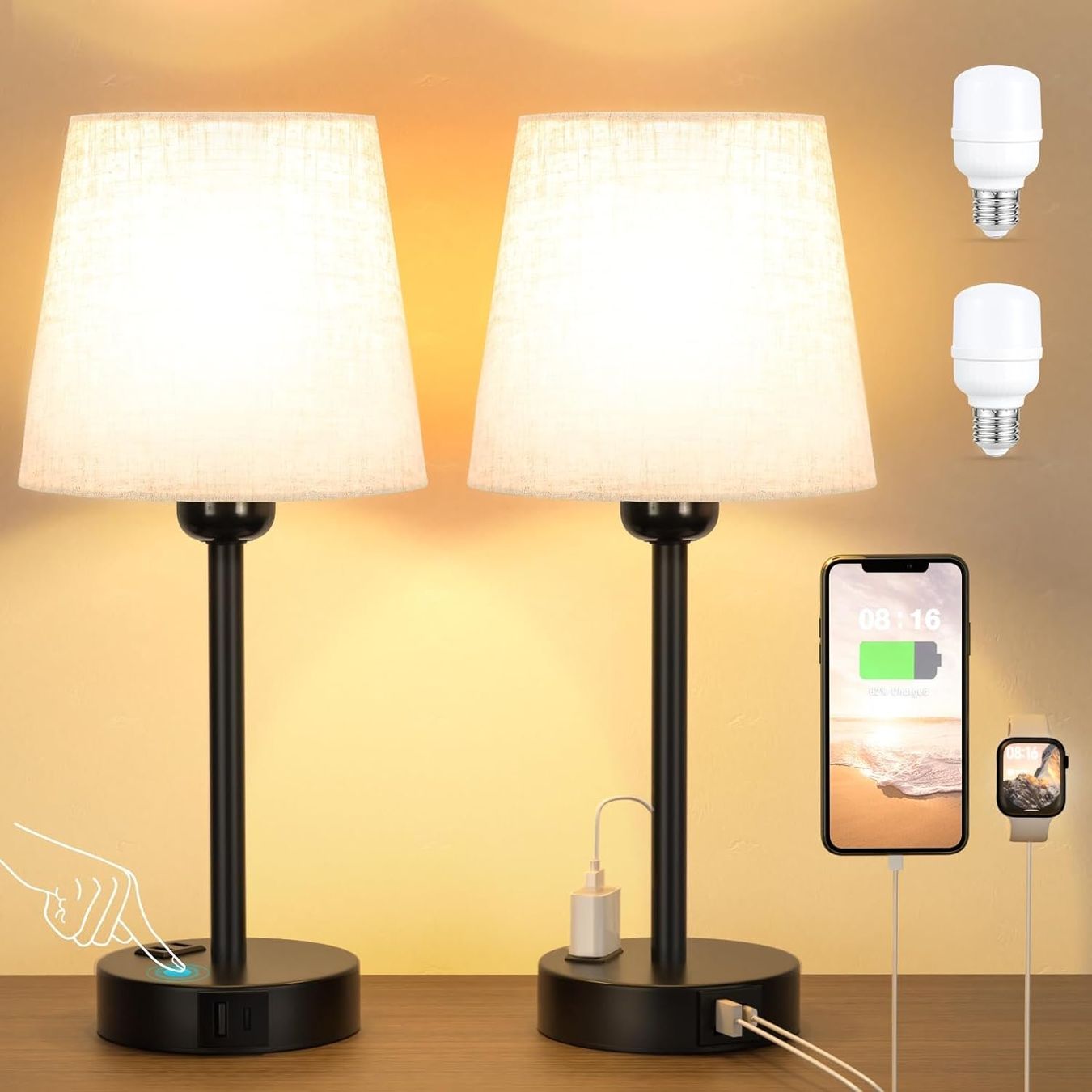 Lampen: Nachttischlampe Touch Dimmbar 2er SET Ladefunktion USB A+C – Neu und originalverpackt aus Sulz LU von Elektrofachverkauf