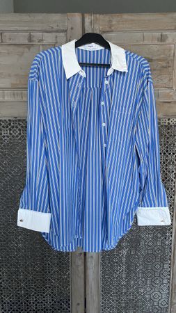 Elegante Bluse von SUNCOO, Grösse M, Blau-Weiss Gestreift