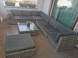 Garten Sitzgruppe Polyrattan grau mit Glashaustisch und H...