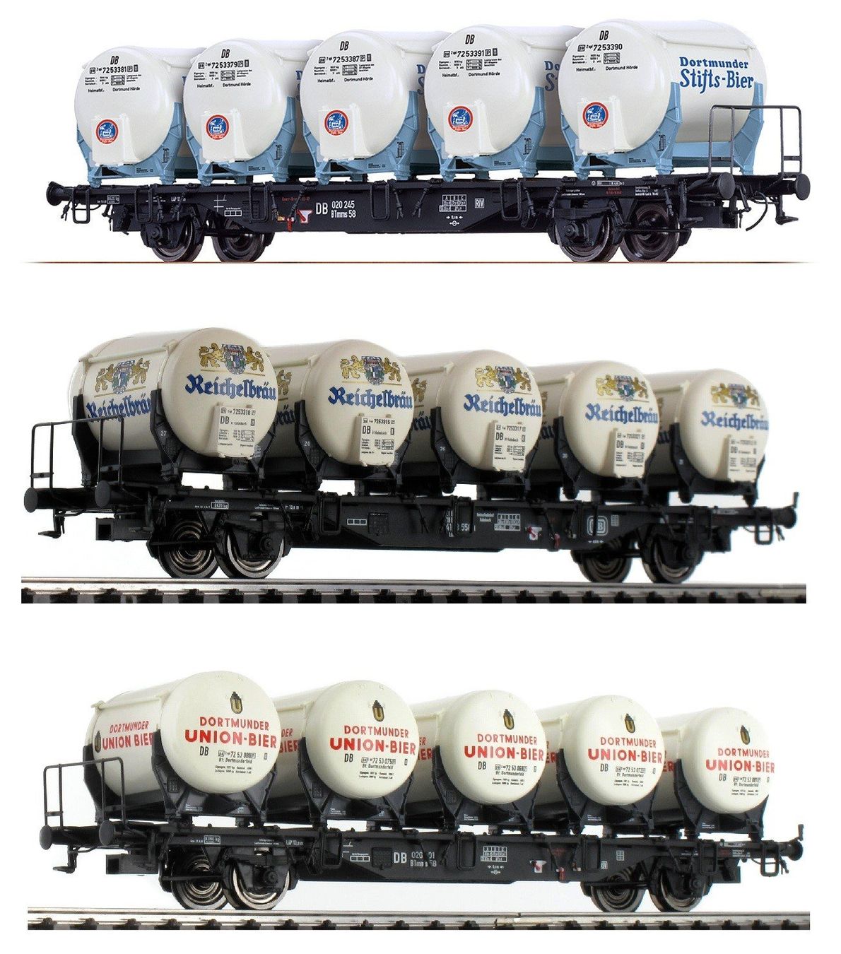 Brawa Modellini di ferrovie: BRAWA - 3 verschiedene Bierbehältertragwagen der DB – Nuovo e nell'imballaggio originale da Rotkreuz venduto da MOBAHN-1zu87