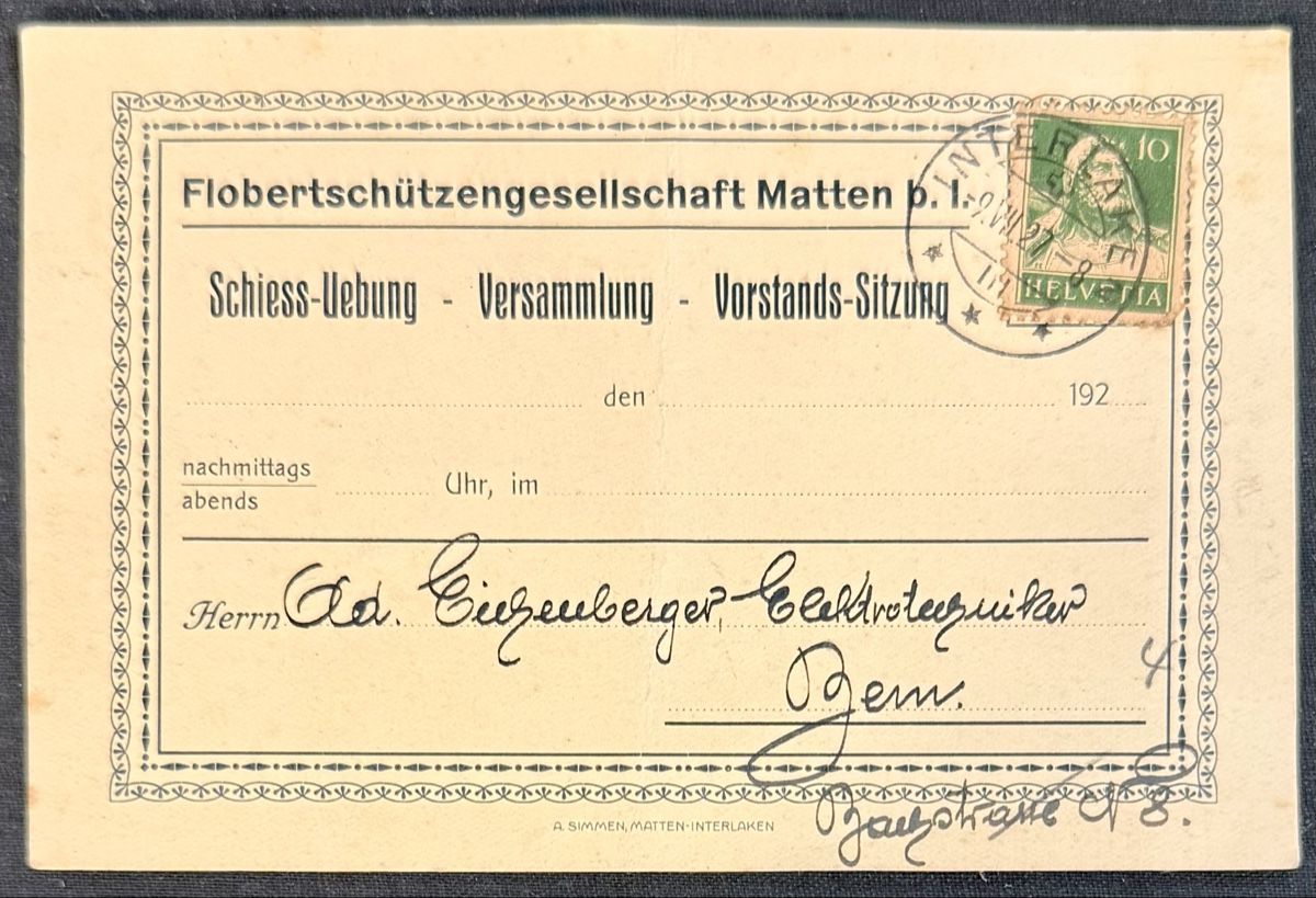 Cartoline postali: Karte: Flobertschützengesellschaft MATTEN b. I. BE, 1927 – Usato da Bern venduto da felberunderground