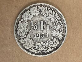 SVIZZERA 1/2  FR MONETA IN ARGENTO 1931 usata - circolata