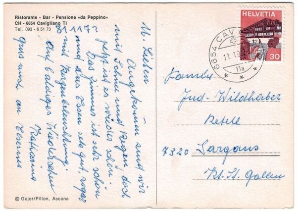 Cartoline postali: Cavigliano, Pensione da Peppino, circolata 1974 – Usato da Frauenfeld venduto da POML 1