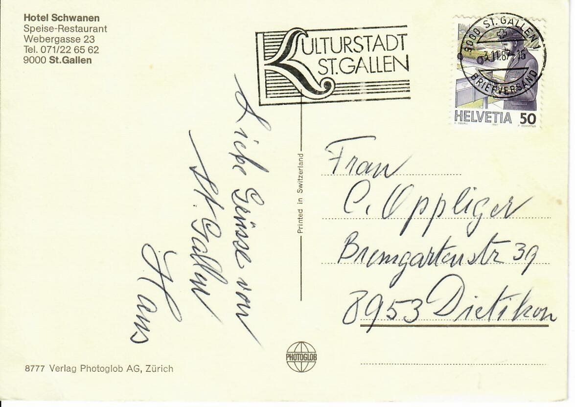Ansichtskarten: Hotel Schwanen St.Gallen – Gebraucht aus Hochdorf von Ziegel-16 1