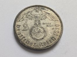 🇩🇪 Third Reich: 2 Reichsmark 1939 A Hindenburg. Silver