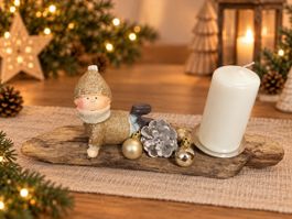 Weihnachts Kerzenhalter Holzfigur gold weiss neu