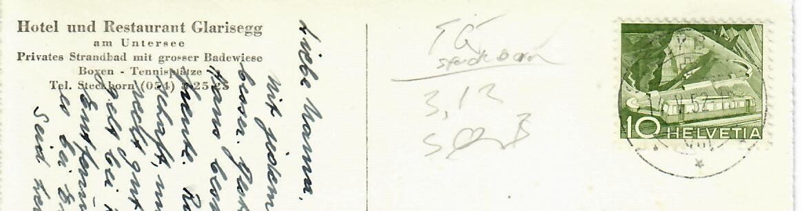 Cartoline postali: Hotel - Restaurant Glarisegg Steckborn 1952 – Usato da Hochdorf venduto da Ziegel-16 1
