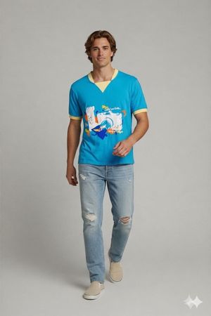 Türkises V-Ausschnitt T-Shirt mit Grafikdruck - Größe L