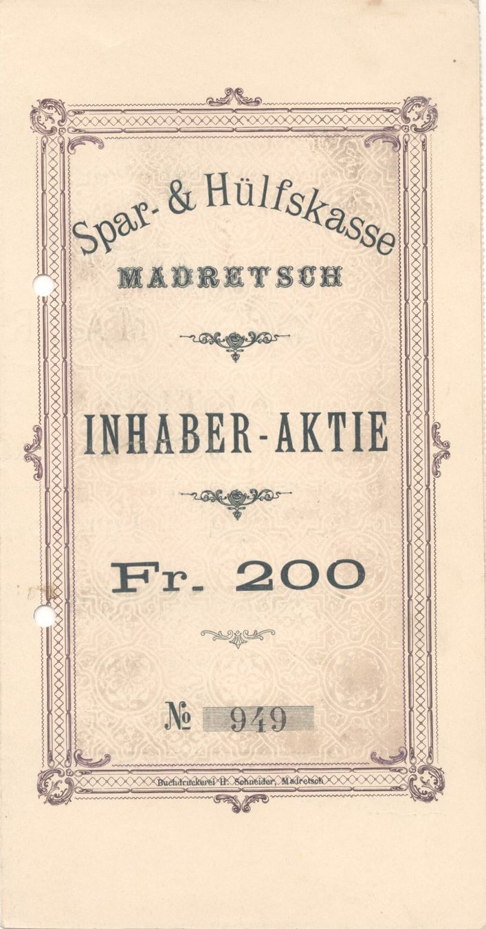 Documenti: BIEL : Spar & Hülfskasse MADRETSCH ca. 1900 – Usato da Biel/Bienne venduto da 07helios032