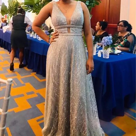 Abendkleid lang Silber Glitzer mit Strass Grösse S