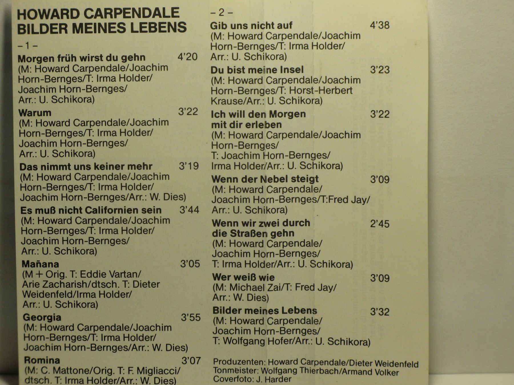 Musicassette: HOWARD  CARPENDALE   Bilder meines Lebens – Usato da Langnau i. E. venduto da gf2_29jt 2