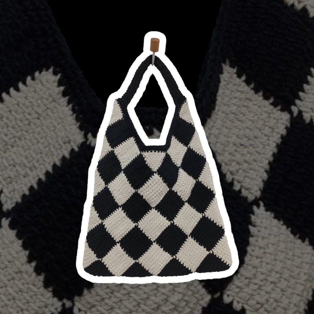 Taschen: Crocheted Handbag Checkered Pattern Black Beige Large – Neu (gemäss Beschreibung) aus Lossy von Jungs_Macrame 1