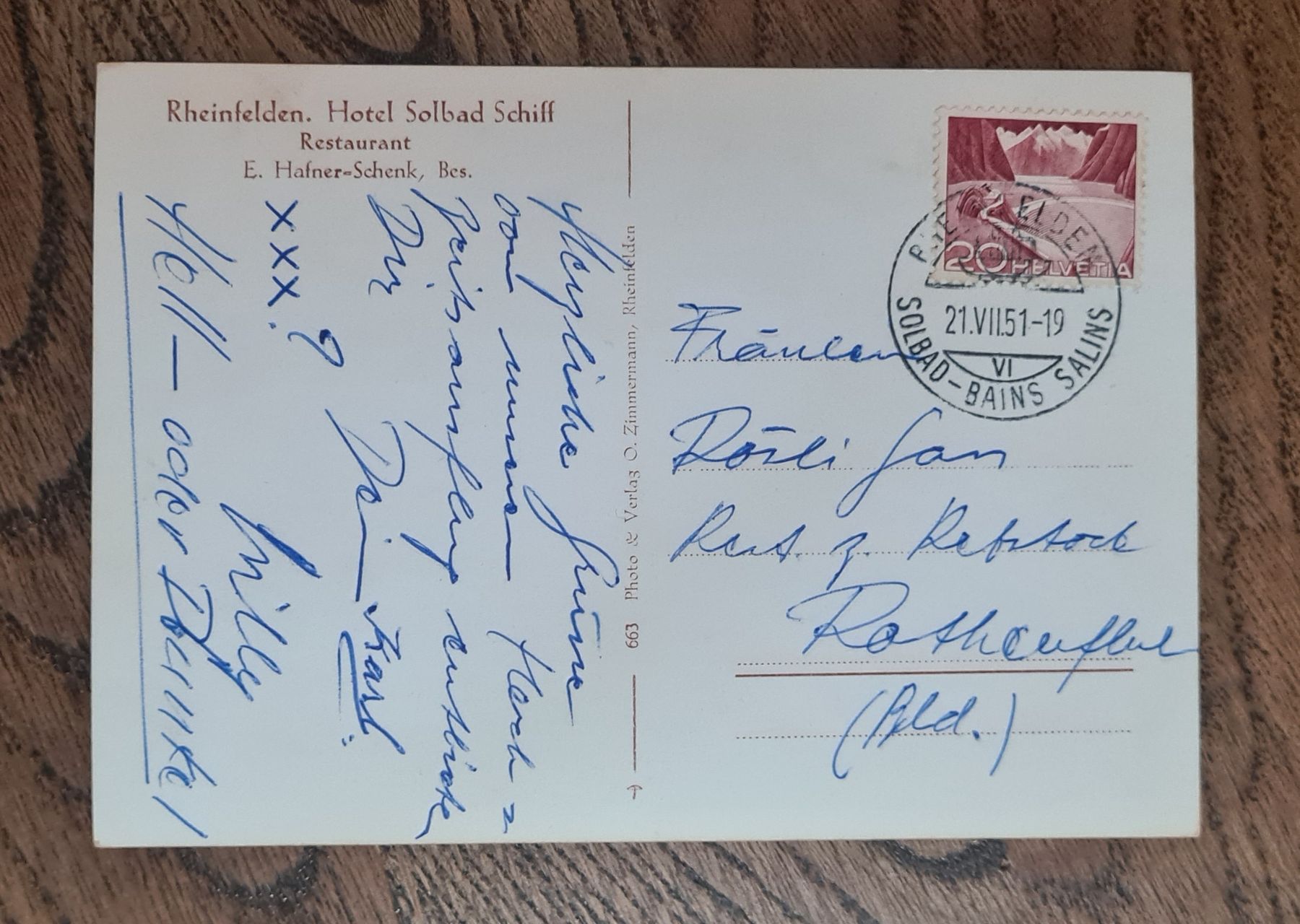 Cartoline postali: Hotel Solbad Schiff Rheinfelden 1951 – Usato da Ebikon venduto da Donar50 2