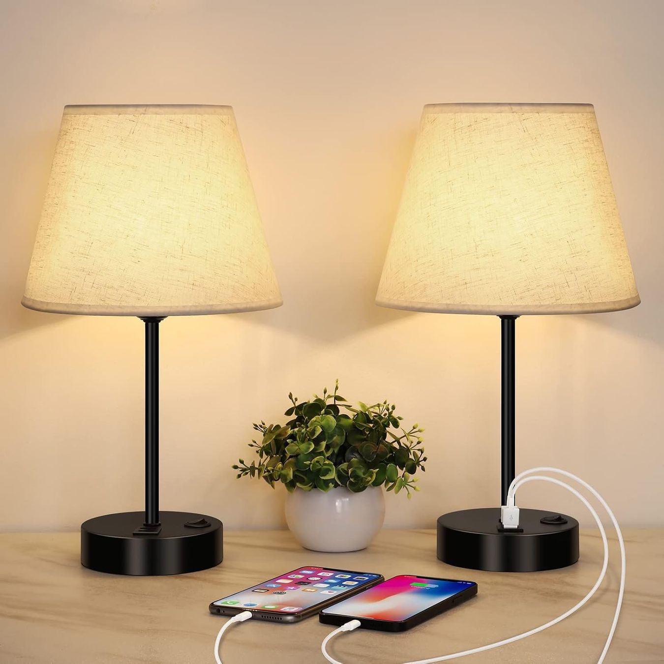 Lampade: 2x Nachttischlampen E27 Metall Leinenbeige – Nuovo e nell'imballaggio originale da Nuglar venduto da SmartLiving24