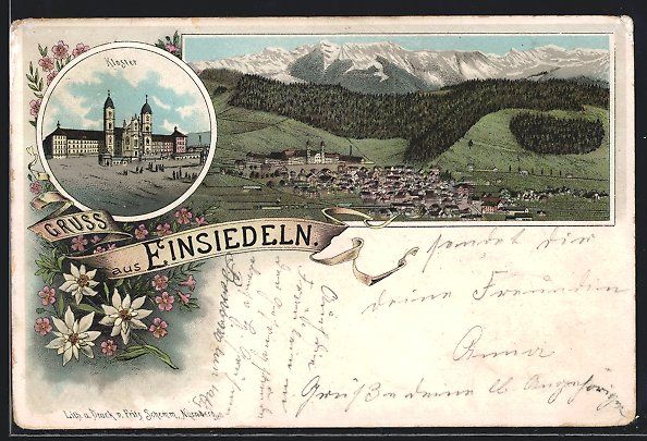 Cartes postales: Litho Einsiedeln, Kloster, Ortsansicht m – D'occasion à Berlin par bartko-reher