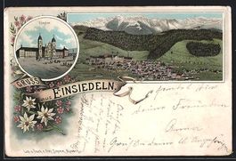 Litho Einsiedeln, Kloster, Ortsansicht m