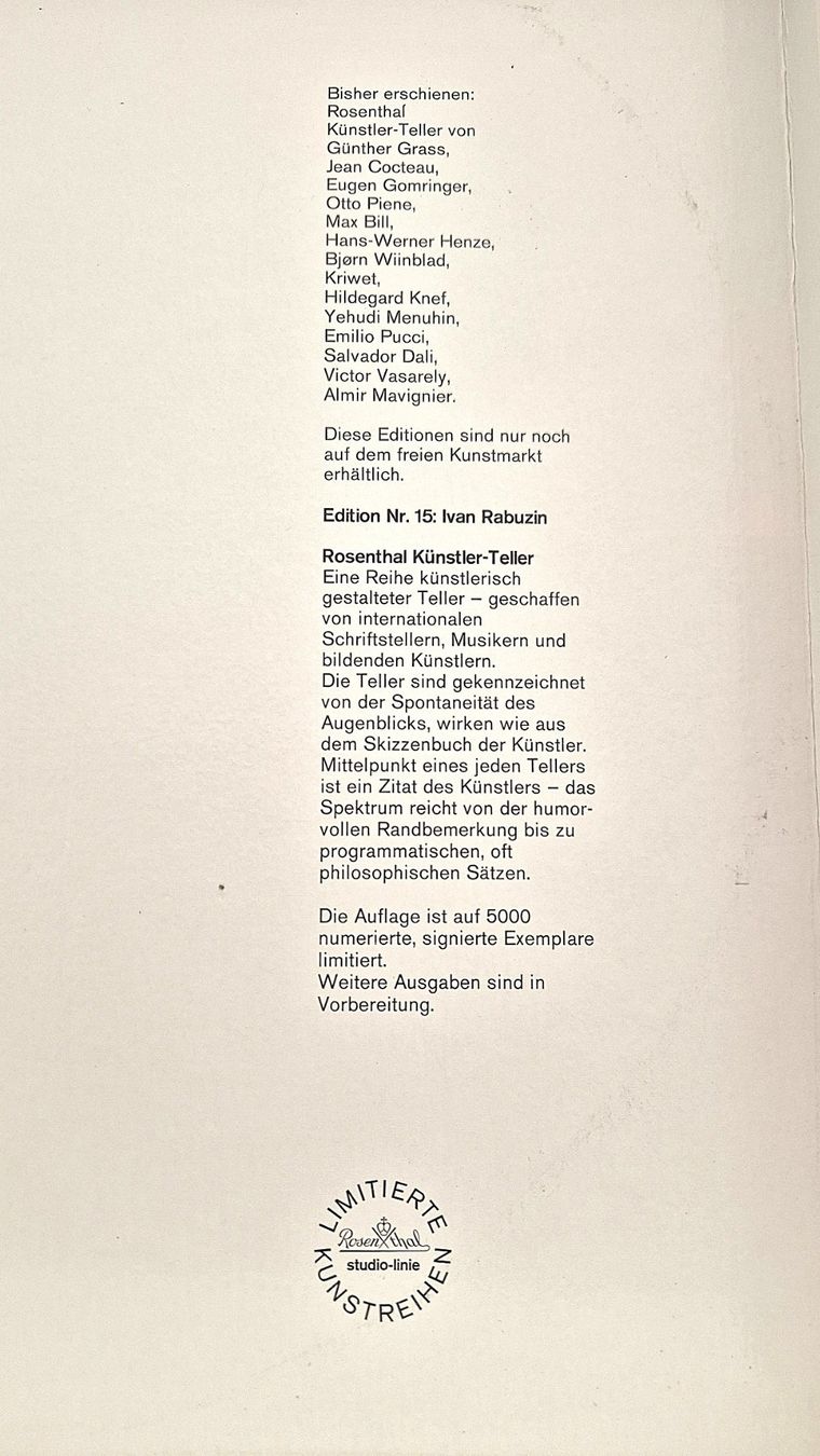 Rosenthal Piatti: ROSENTHAL Studio-Line lim. Künstler-Teller 15, Ivan Rabuzin – Nuovo (secondo la descrizione) da St. Moritz venduto da Guenteratch 8